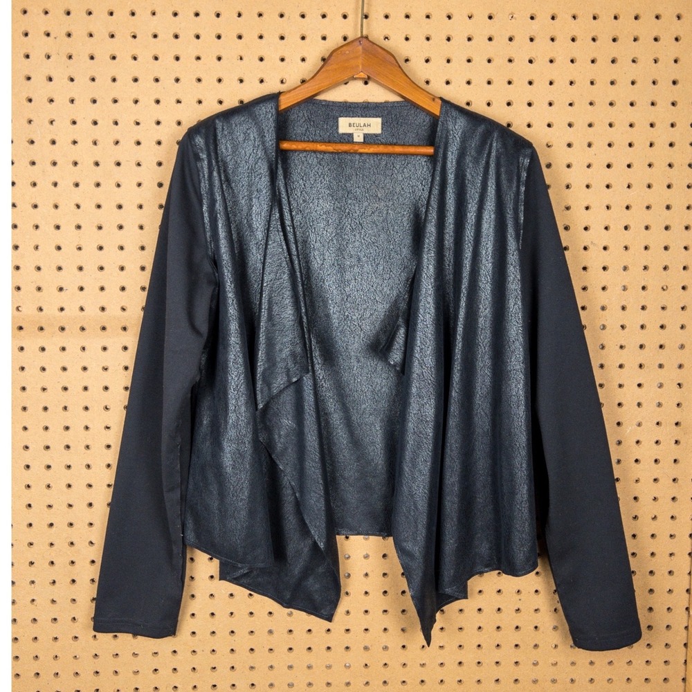 Beulah Style‎ Black Open Front Draped Waterfall Jacket Faux Leather Medium